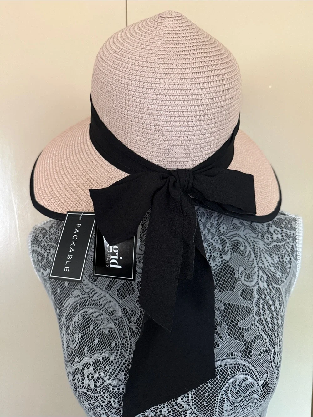 Magid Blush Pink Straw Cloche with Black Band